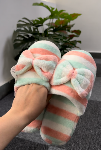 Multicolor stripe Bow Fur slippers